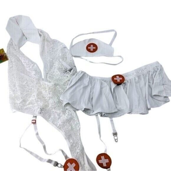 Love Hurts M/L Nurse Costume Set Hat Teddy Garter Skirt & Panties White Lingerie - Picture 6 of 13